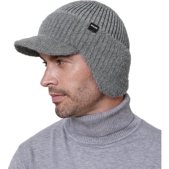 Men's Grey Winter Beanie With Brim And Ear Flaps Fleece Lined Warm Knit Hat